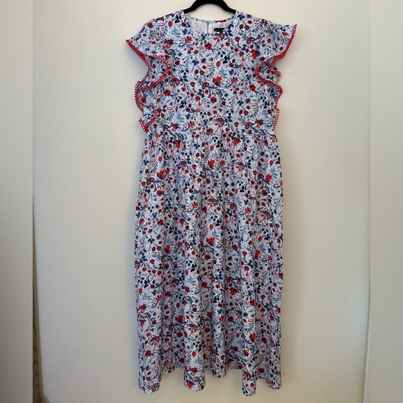 Ann Taylor Dresses & Skirts - Ann Taylor White Floral Midi Dress with Red & Navy Accents